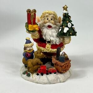 Christmas Elf Santa Figurine With Tree Gifts Child Dog Toy Sack Snow Resin 6"